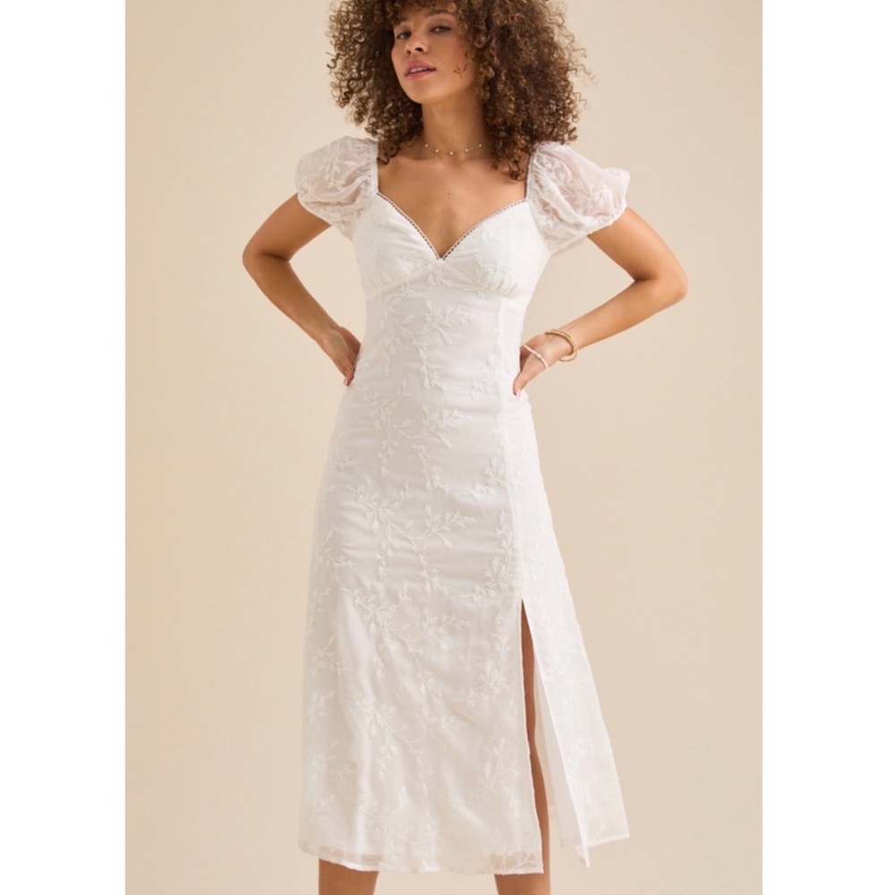 Altar'd State White Midi Dress with Puff Sleeves